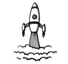 schwarzweiße Illustration einer Rakete, die gerade startet