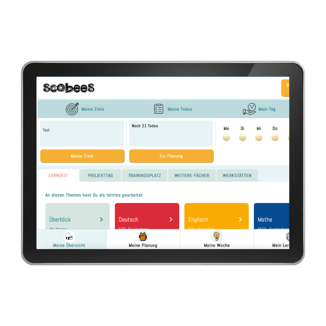 Scobees Screenshot Detailansicht In der Detailansicht haben die Schüler:innen einen Schnellzugriff zu allen Modulen und kommen direkt zu dem Fach und zu der Aufgabe, an der sie zuletzt gearbeitet haben.