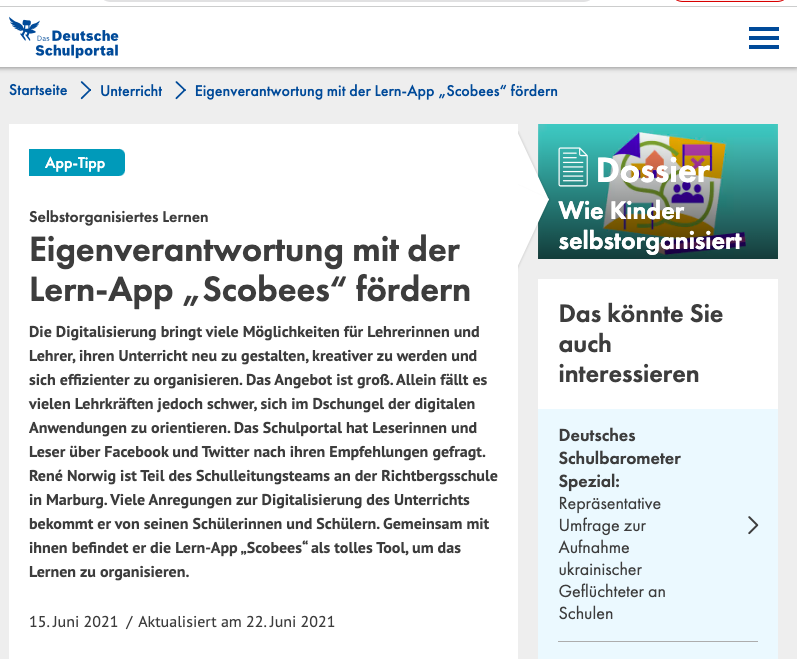 App Tipp Scobees als App Tipp beim deutschen Schulportal
